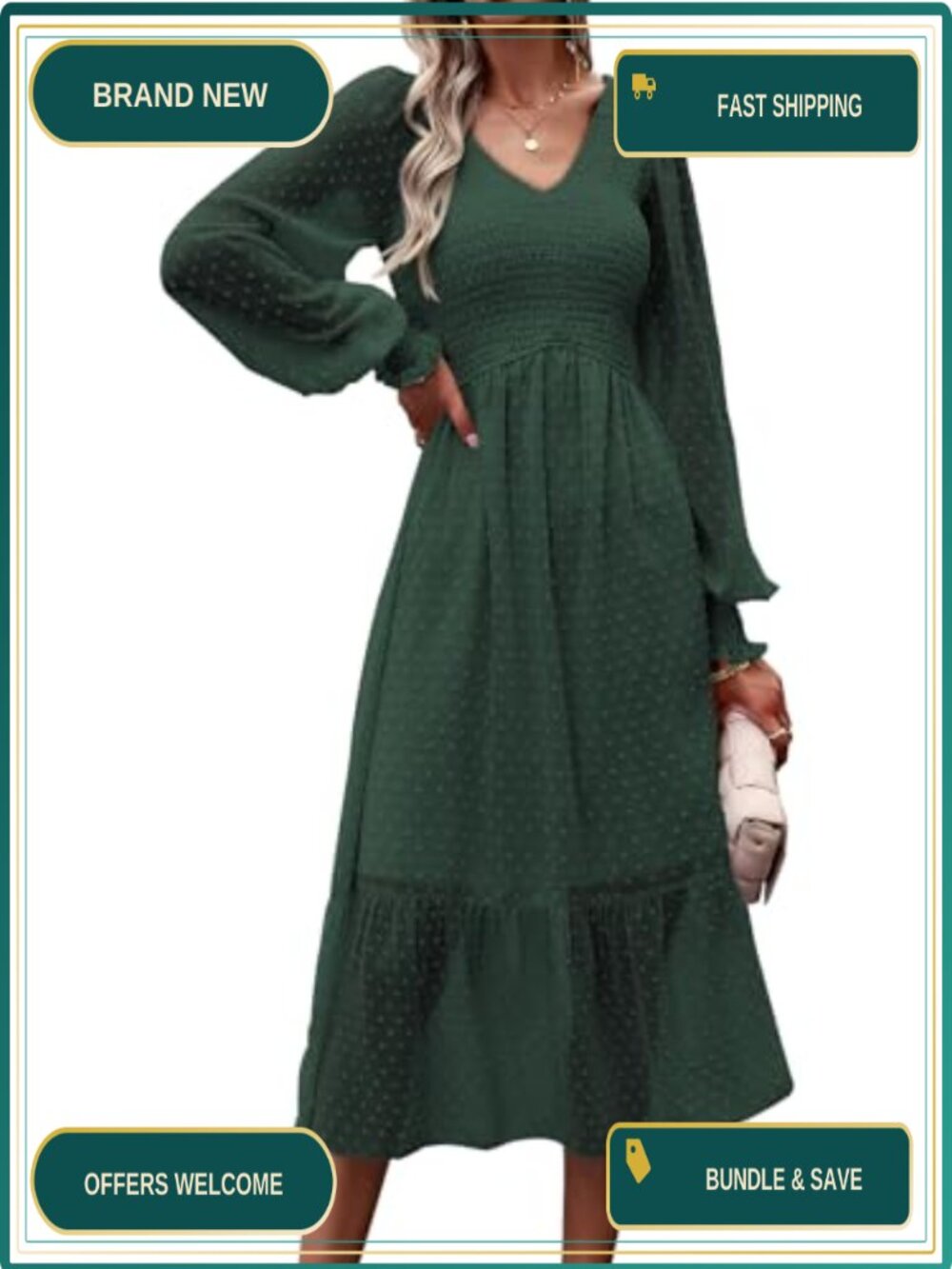 Women's Swiss Dot Chiffon Midi Dress with Smocked Top and Ruffle Hem, Long